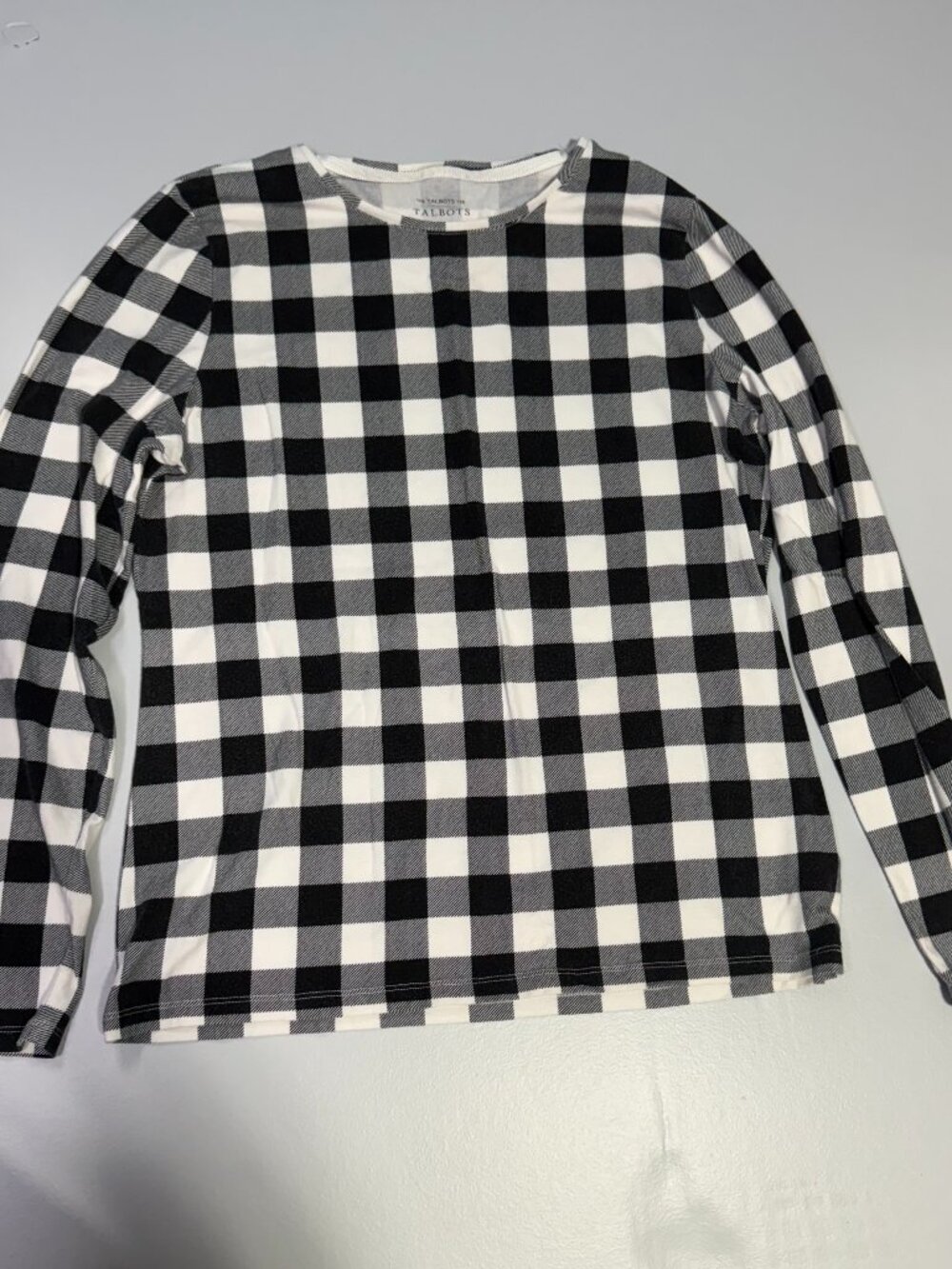 Talbots Buffalo Check Plaid Long Sleeve Tee Black White Women’s L Cotton